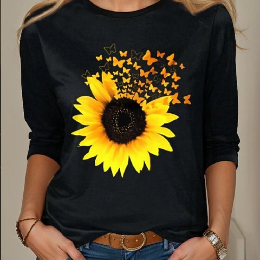Sunflower Butterfly Graphic Long Sleeve T-Shirt BK Runs Smaller see measurements